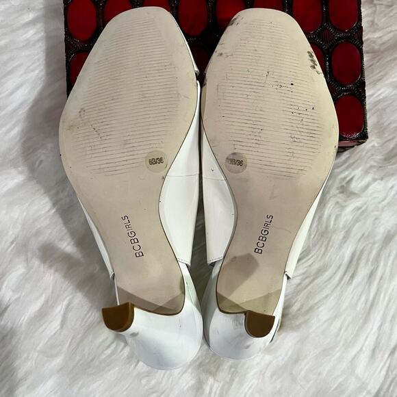 NEW BCBG Girls Patent Leather Buckle Peep Toe Slingback Heels White 36 6 AS IS - Picture 13 of 15